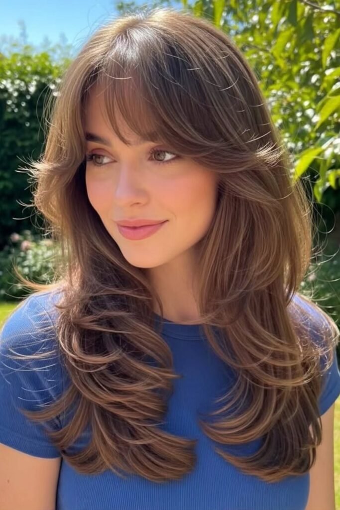 Long Layered Hair with Face-Framing Curtain Bangs