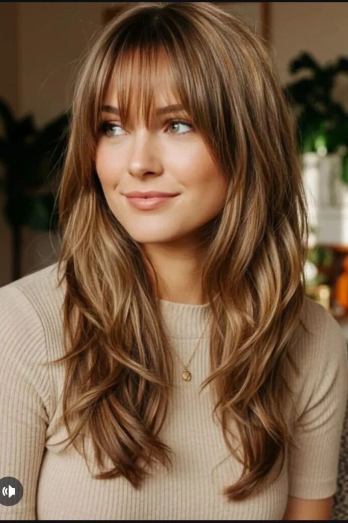 Long Layered Hair with Full Bangs and Highlights
