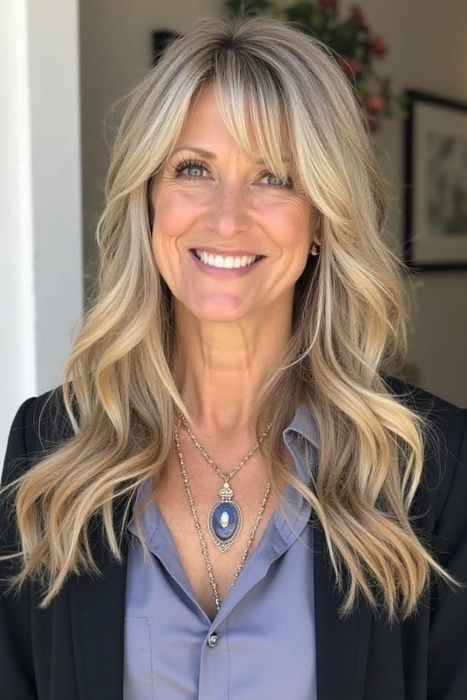 Long Layered Hair with Side-Swept Bangs