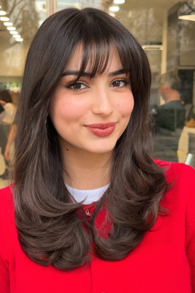 Long Layered Hair with Soft Bangs and Outturned Ends