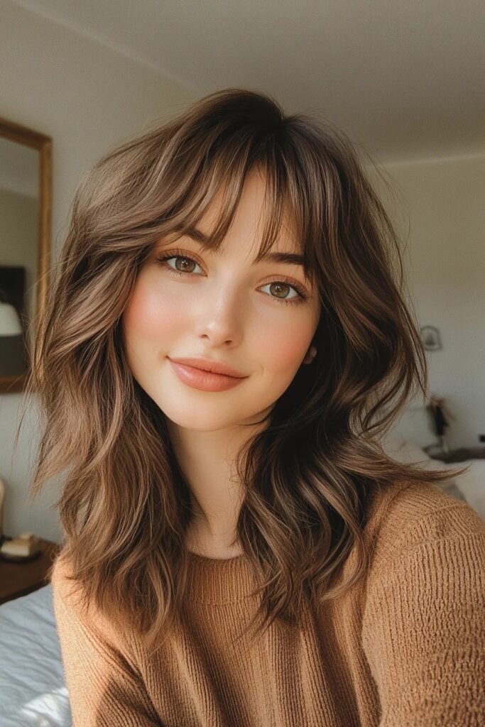Long Layered Hair with Soft Face-Framing Bangs