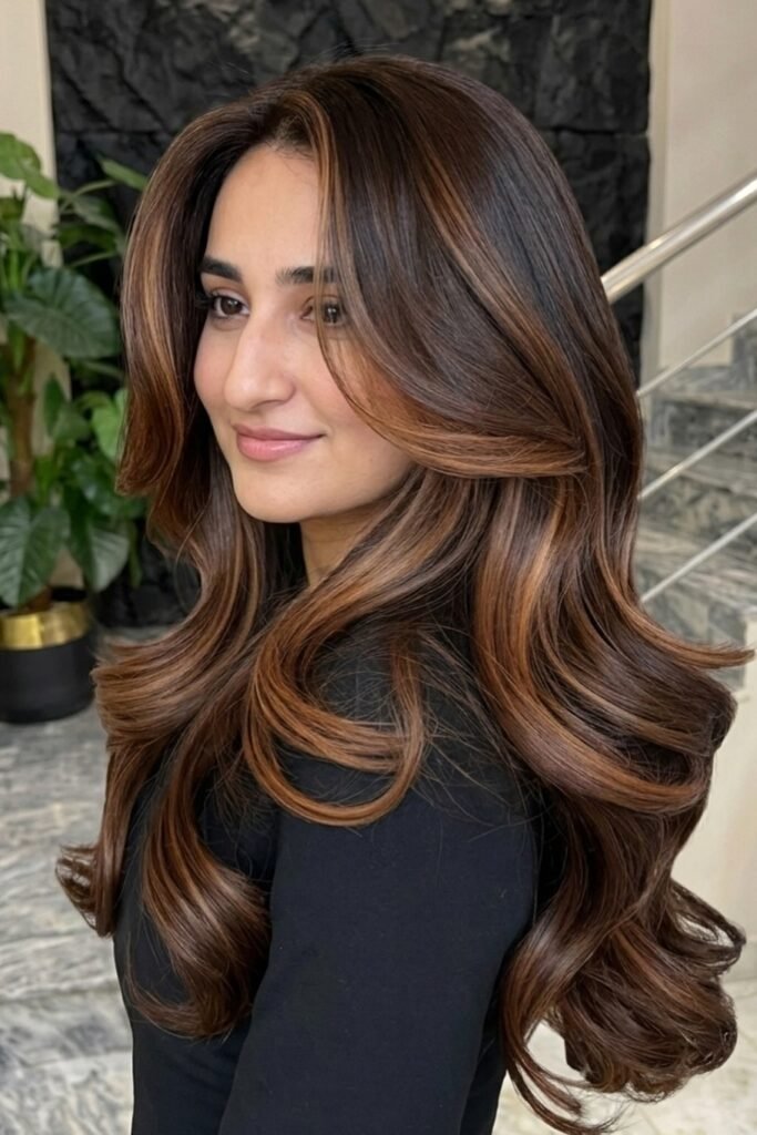 Long Layered Hair with Voluminous Blowout and Face-Framing Waves
