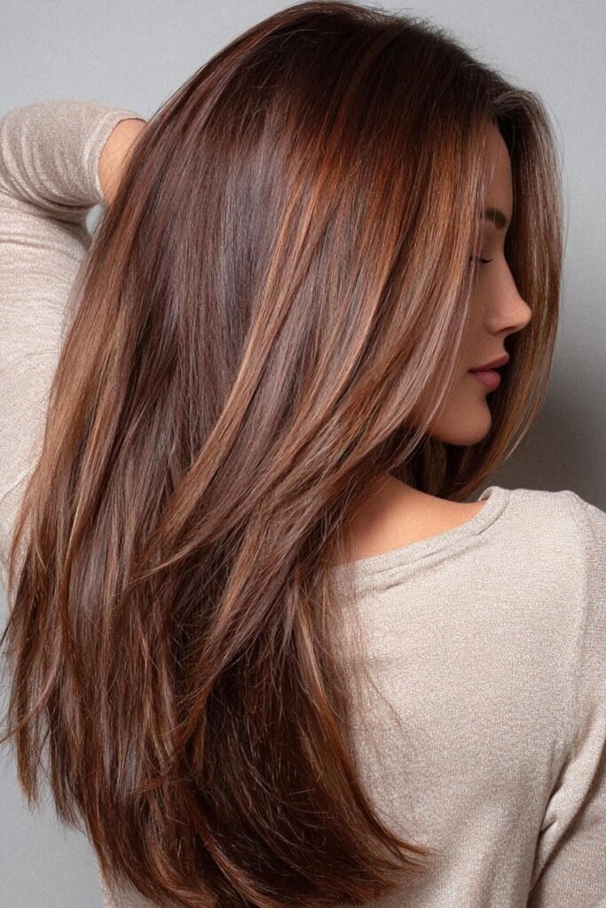 Long Layered Hair with Warm Brown Balayage and Soft Waves