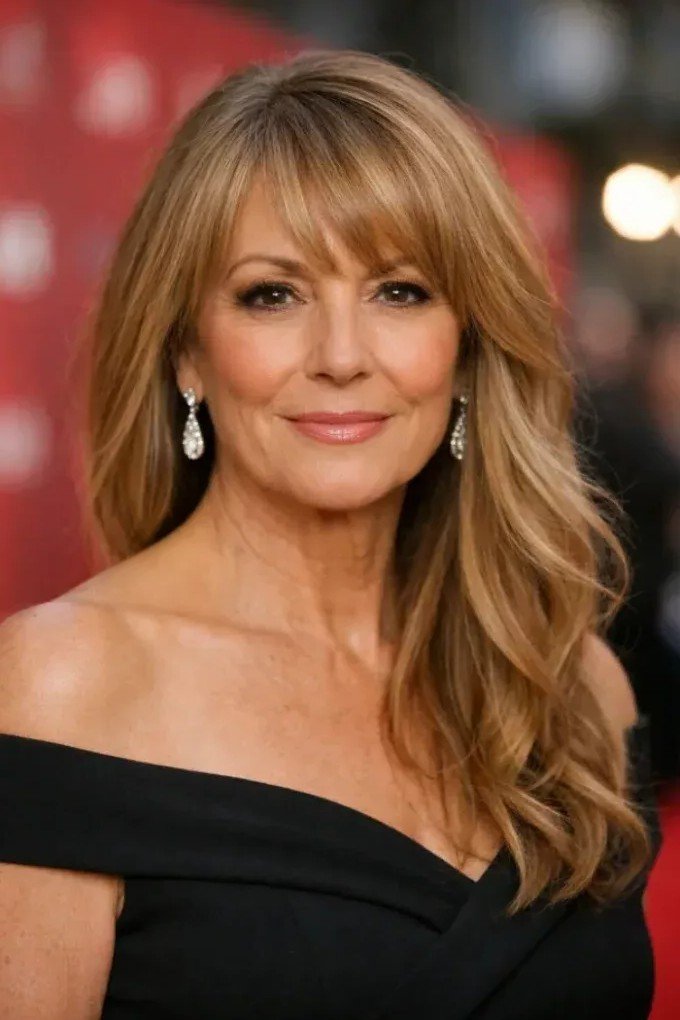 Long Layered Honey Blonde Hair with Soft Waves and Side Bangs