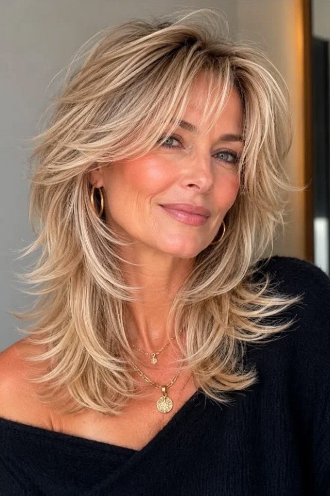 Long Layered Shag with Blonde Highlights and Curtain Bangs