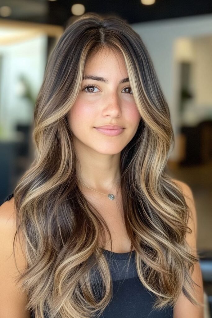 Long Layered Waves with Bright Face-Framing Highlights