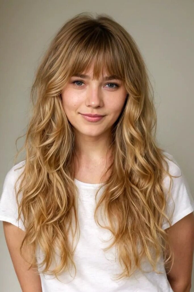 Long Shaggy Layers with Full Bangs and Voluminous Waves
