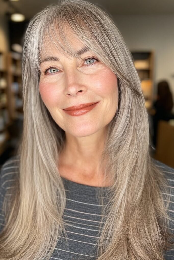 Long Sleek Hair with Soft Face-Framing Bangs