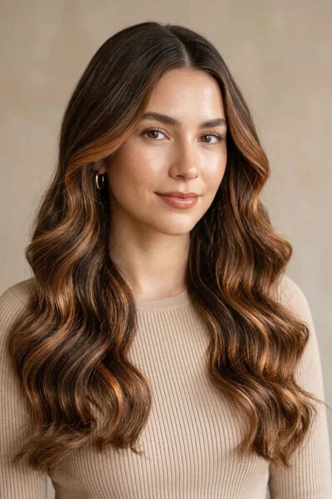 Long Wavy Hair with Caramel Highlights and Center Part