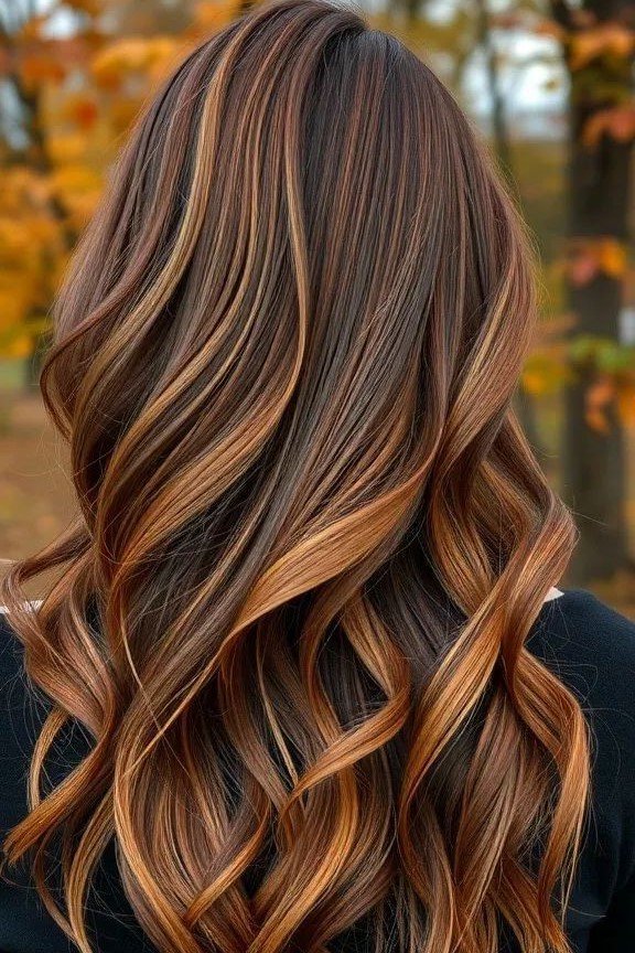 Long Wavy Hair with Caramel and Auburn Highlights