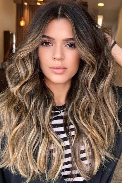 Long Wavy Hair with Caramel and Blonde Highlights