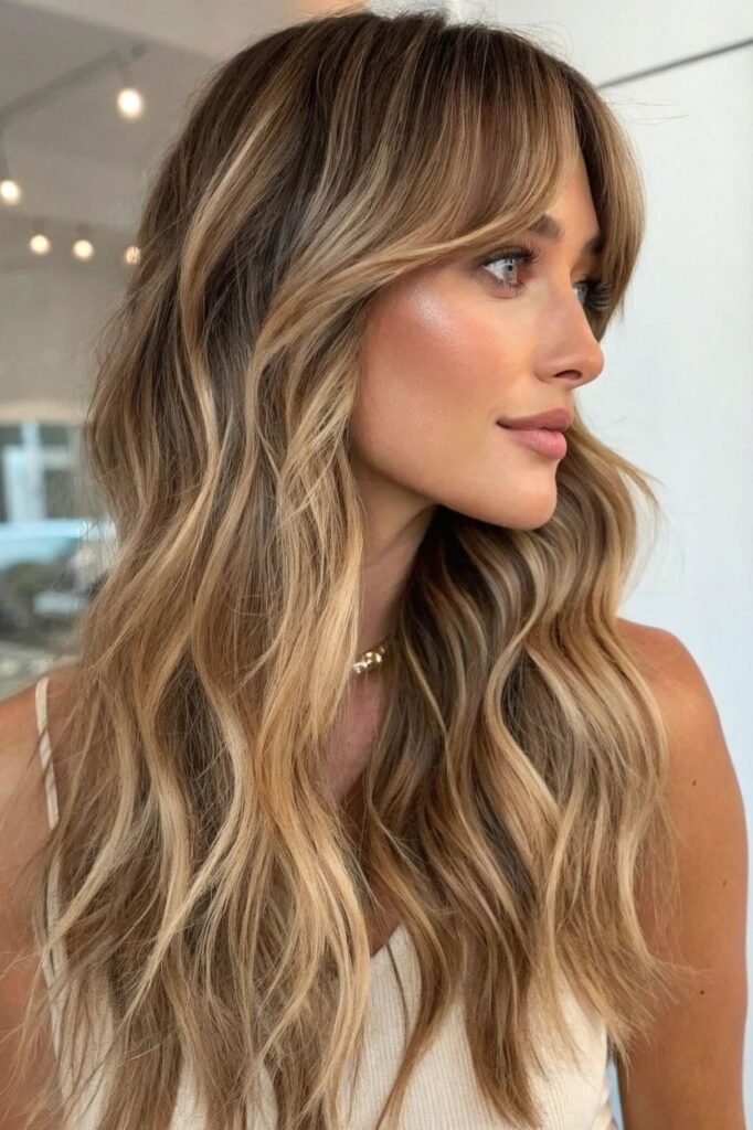 Long Wavy Hair with Textured Curtain Bangs and Highlights