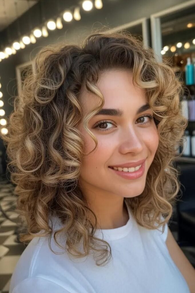 Medium Curly Layered Cut with Blonde Highlights