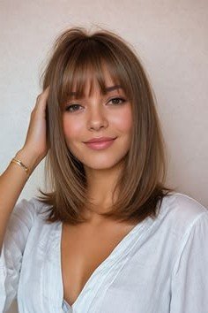 Long Layered Brown Hair with Straight Bangs