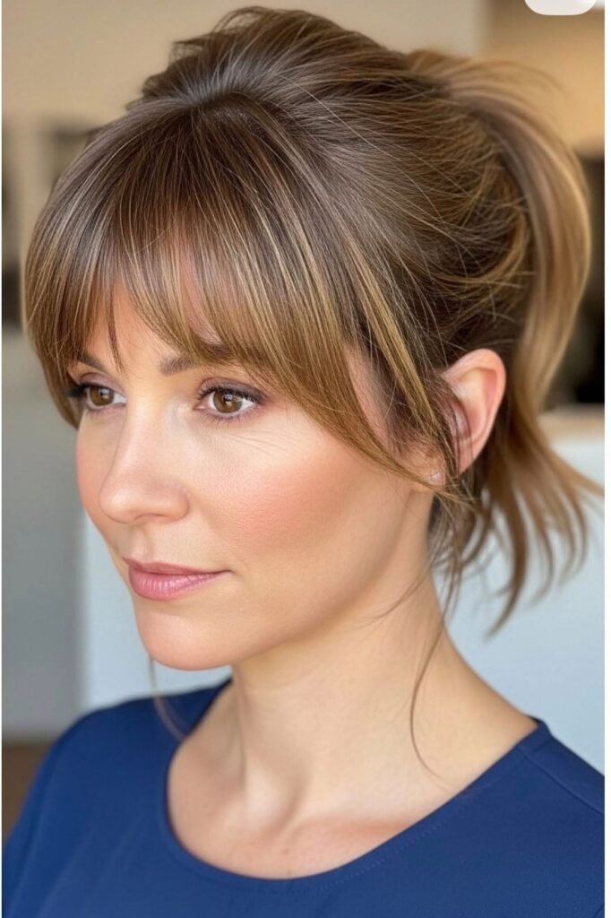 Medium Layered Hair Tied in a Ponytail with Face-Framing Bangs