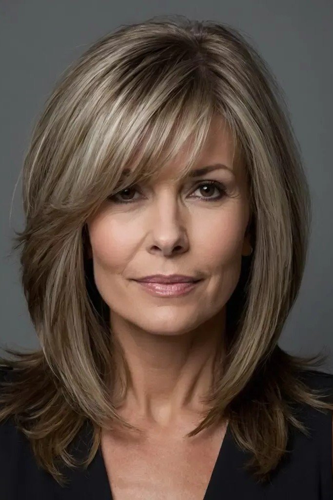 Medium Layered Hair with Side-Swept Bangs