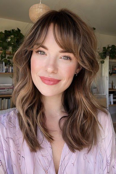 Medium Layered Hair with Soft Curtain Bangs