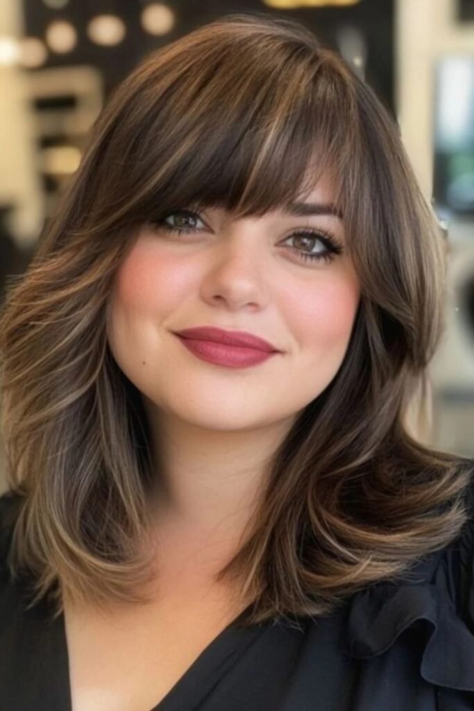 Medium Layered Hair with Textured Bangs and Soft Waves