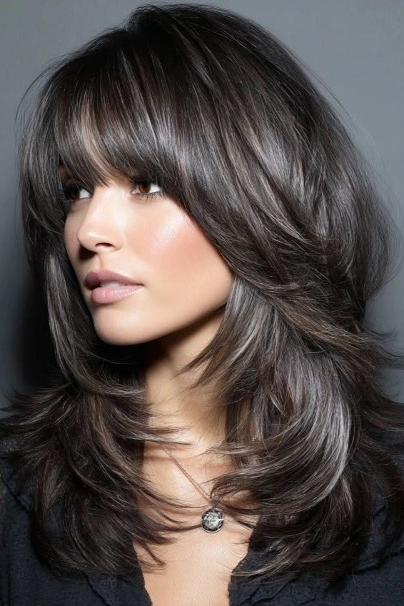 Medium Layered Shag Haircut with Full Bangs