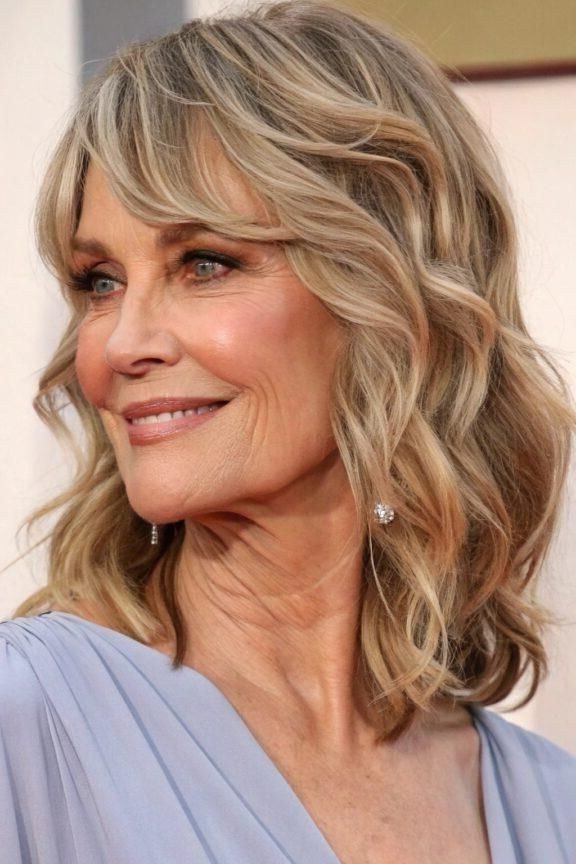 Medium-Length Layered Blonde Hair with Soft Waves and Side-Swept Bangs