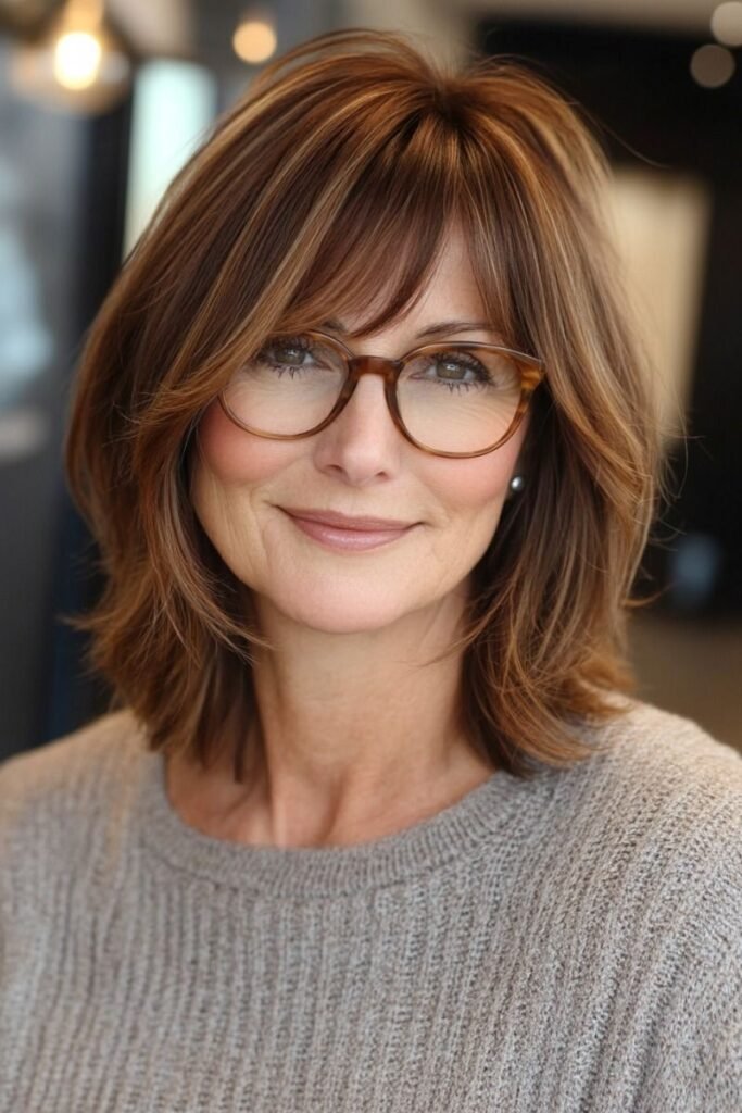 Medium-Length Layered Bob with Side Swept Bangs and Glasses