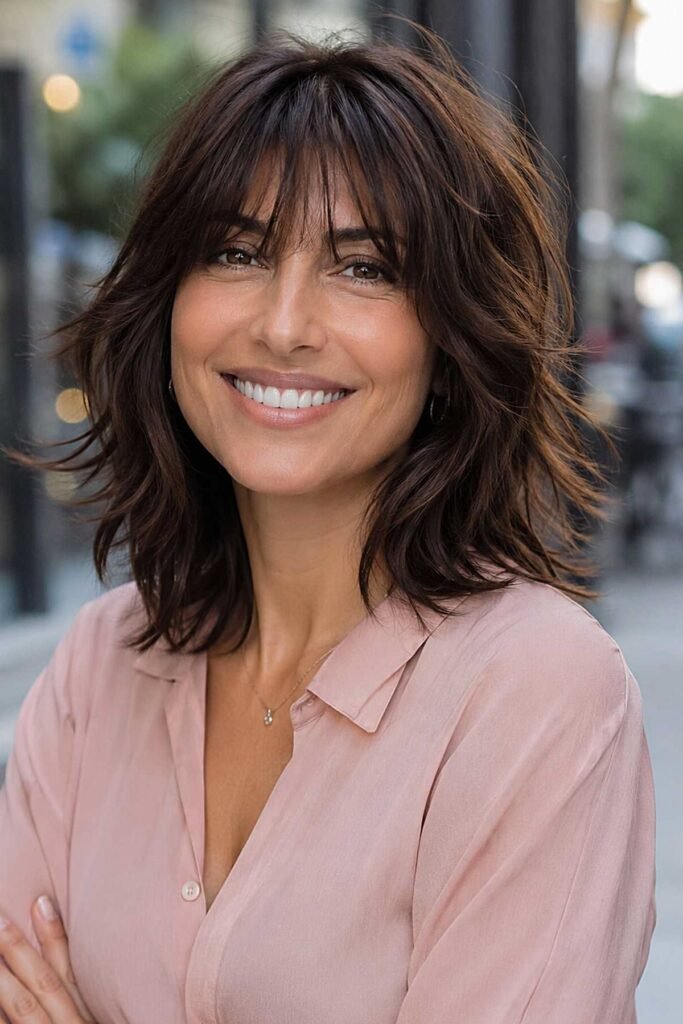 Medium-Length Layered Choppy with Full Bangs
