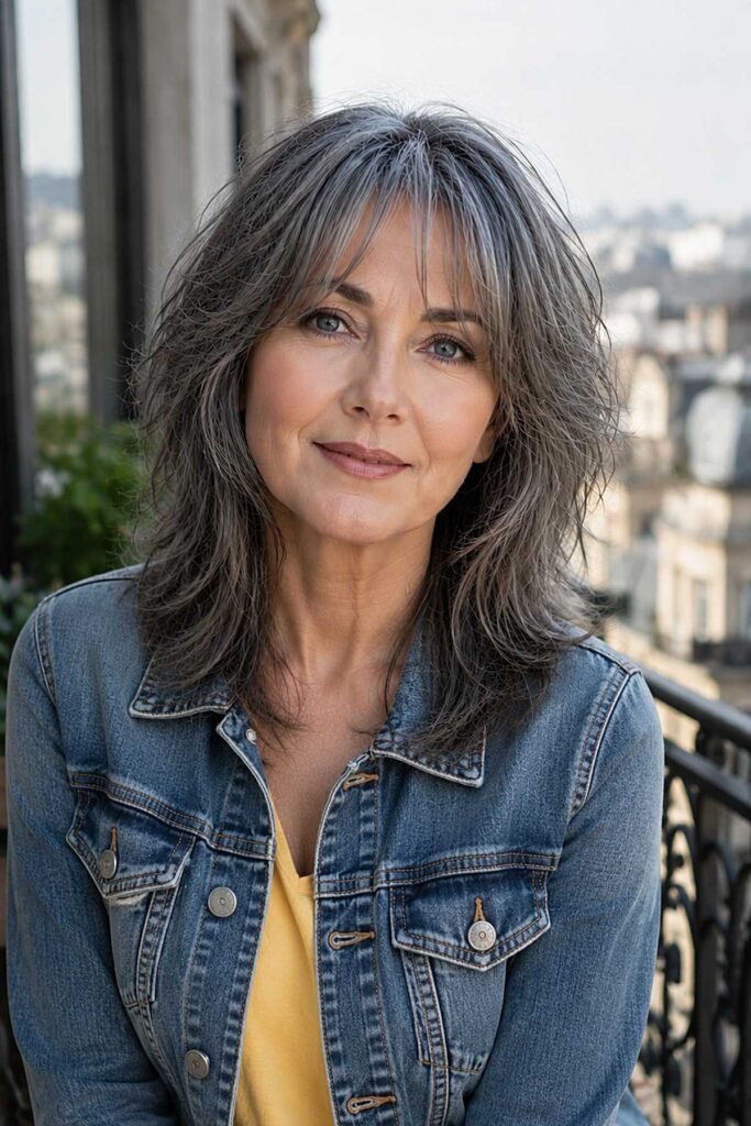 Medium-Length Silver Shag with Wispy Bangs