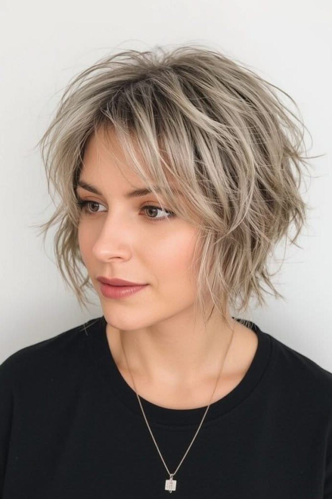 Messy Layered Ash Blonde Choppy Bob with Face-Framing Fringe