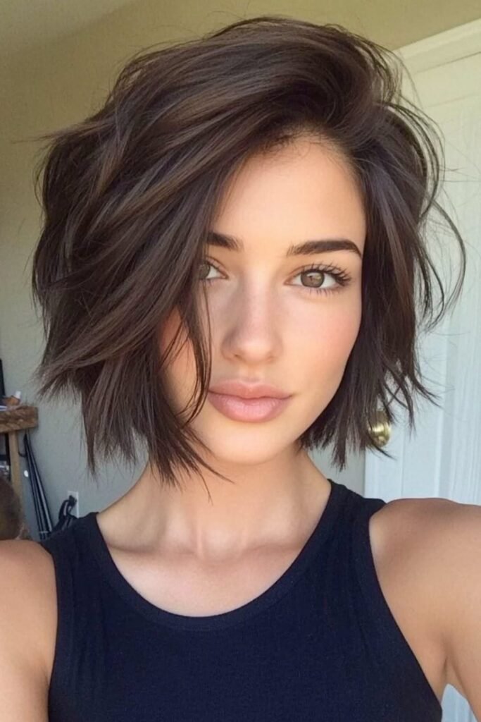 Messy Layered Dark Brown Bob with Texturized Ends