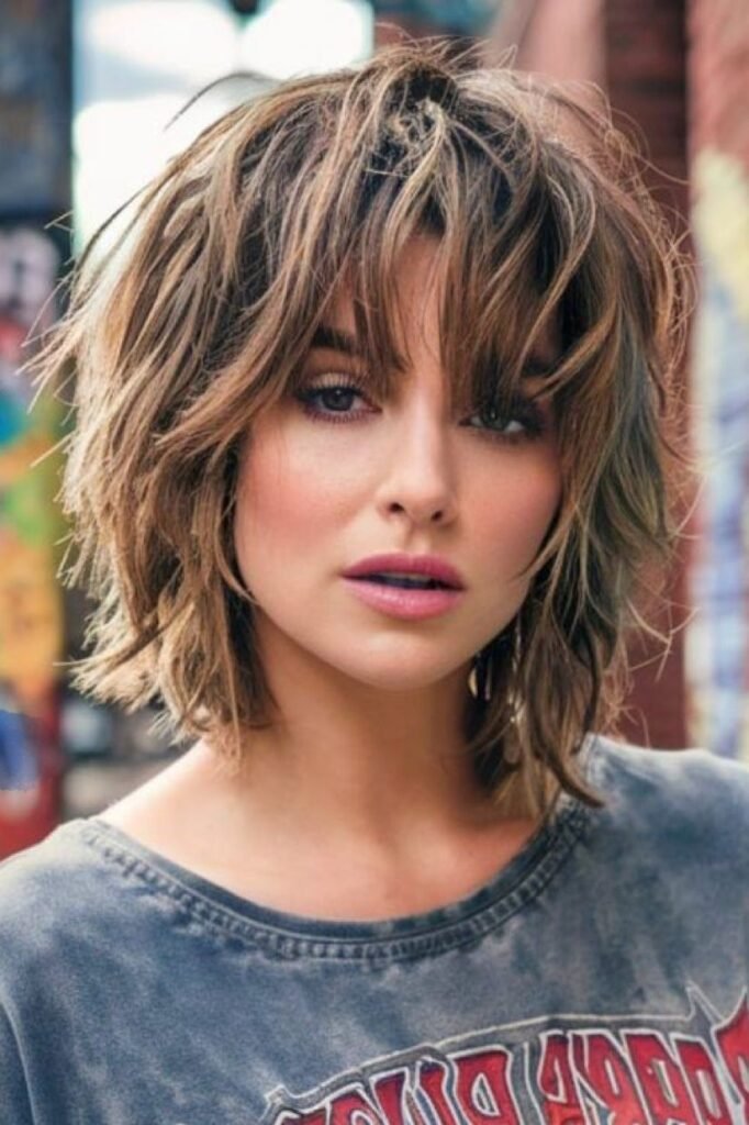 Messy Textured Blonde Shag Bob with Full Bangs