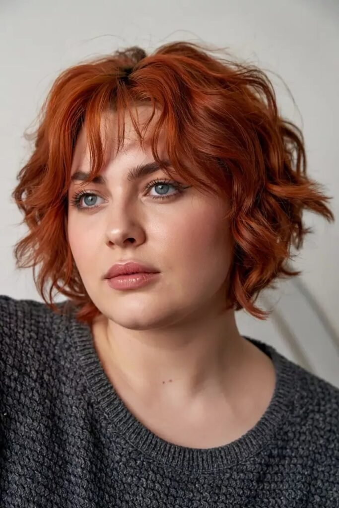 Messy Textured Copper Bob with Soft Face-Framing Bangs