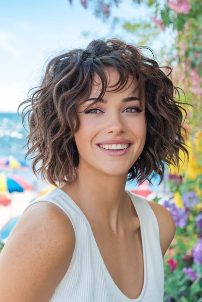 Messy Textured Curly Bob with Bangs