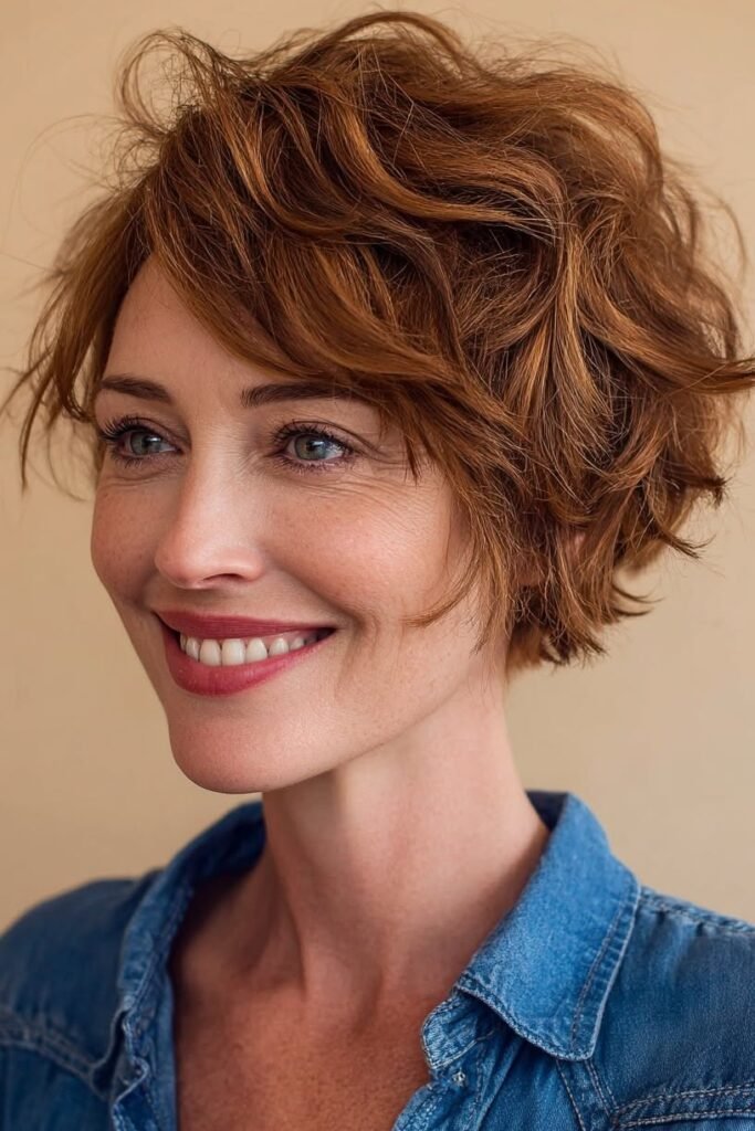 Messy Tousled Copper Pixie Bob with Soft Waves