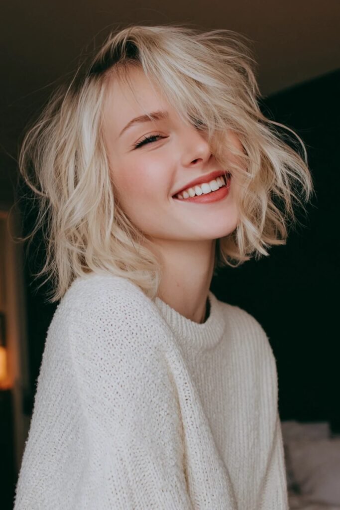 Messy Wavy Bob with Side-Swept Bangs