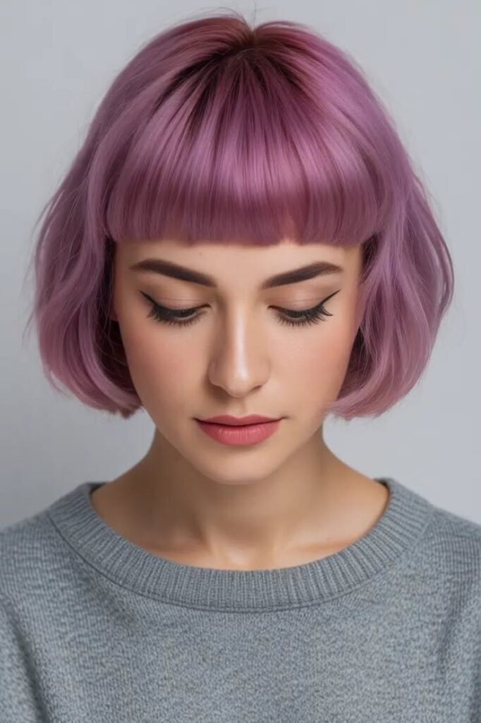 Pastel Pink Bob with Blunt Bangs and Soft Waves