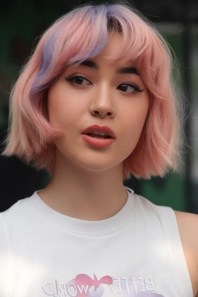Pastel Pink Bob with Purple Highlights and Curtain Bangs