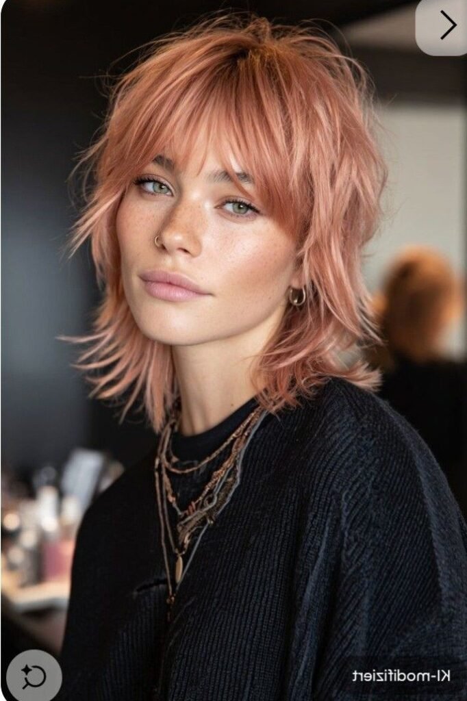 Peach-Toned Shaggy Haircut with Wispy Bangs