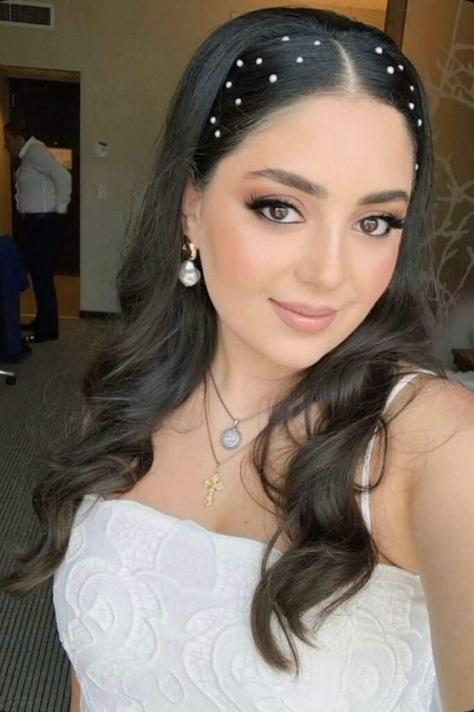 Pearl-Embellished Headband with Long Dark Waves
