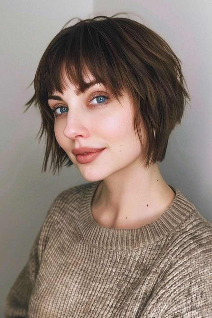 Piece-y Brunette Bob with Choppy Bangs