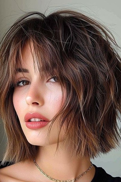 Piecey Textured Brunette Bob with Soft Bangs