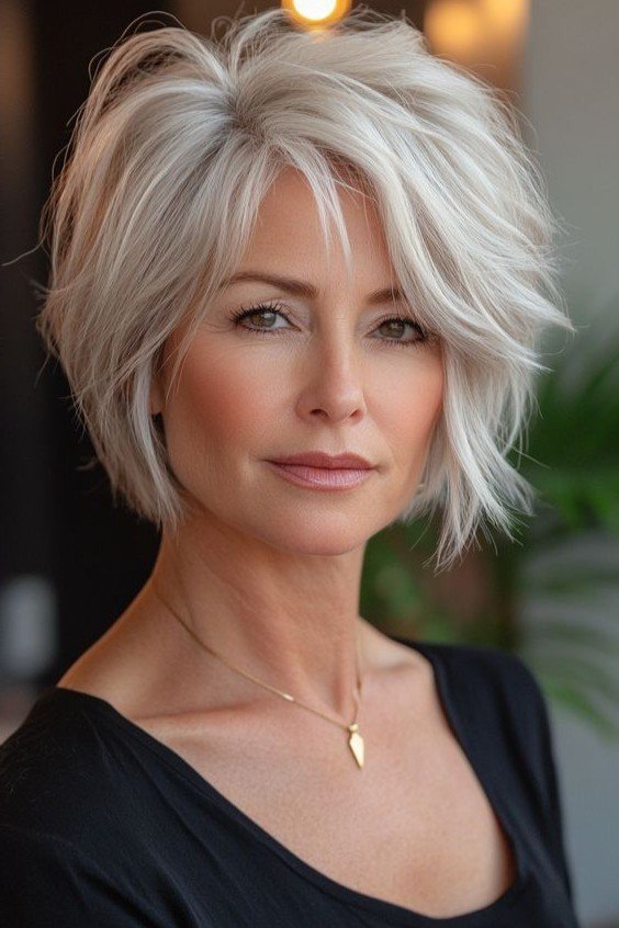 Platinum Ash Blonde Layered Bob with Face-Framing Pieces