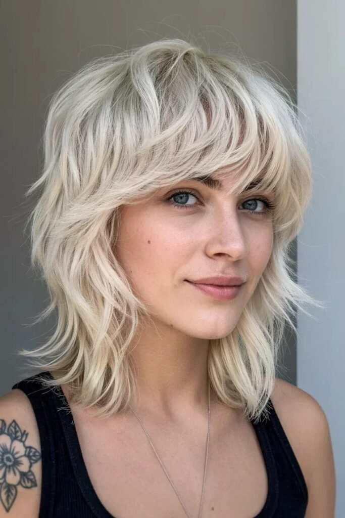 Platinum Blonde Shag with Feathered Layers