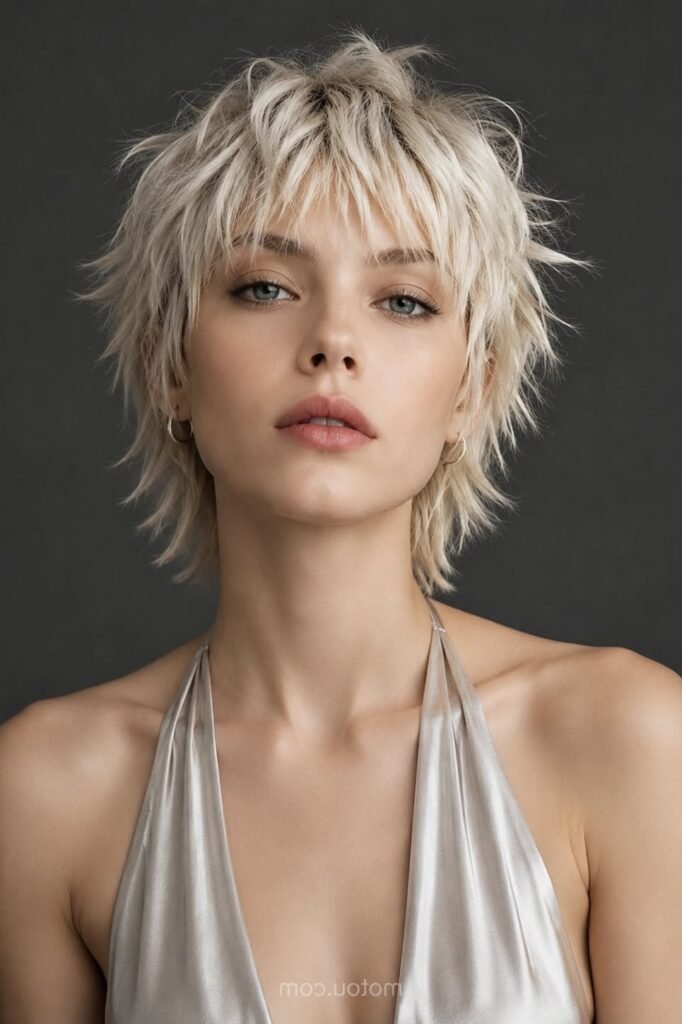 Platinum Blonde Shaggy Pixie with Bangs