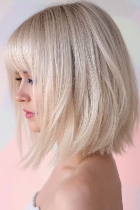 Platinum Blonde Textured Bob with Straight Bangs
