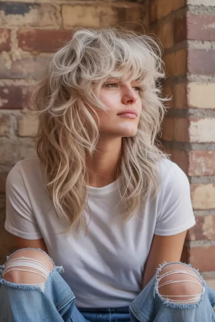 Platinum Blonde Textured Shag Haircut with Soft Layered Bangs