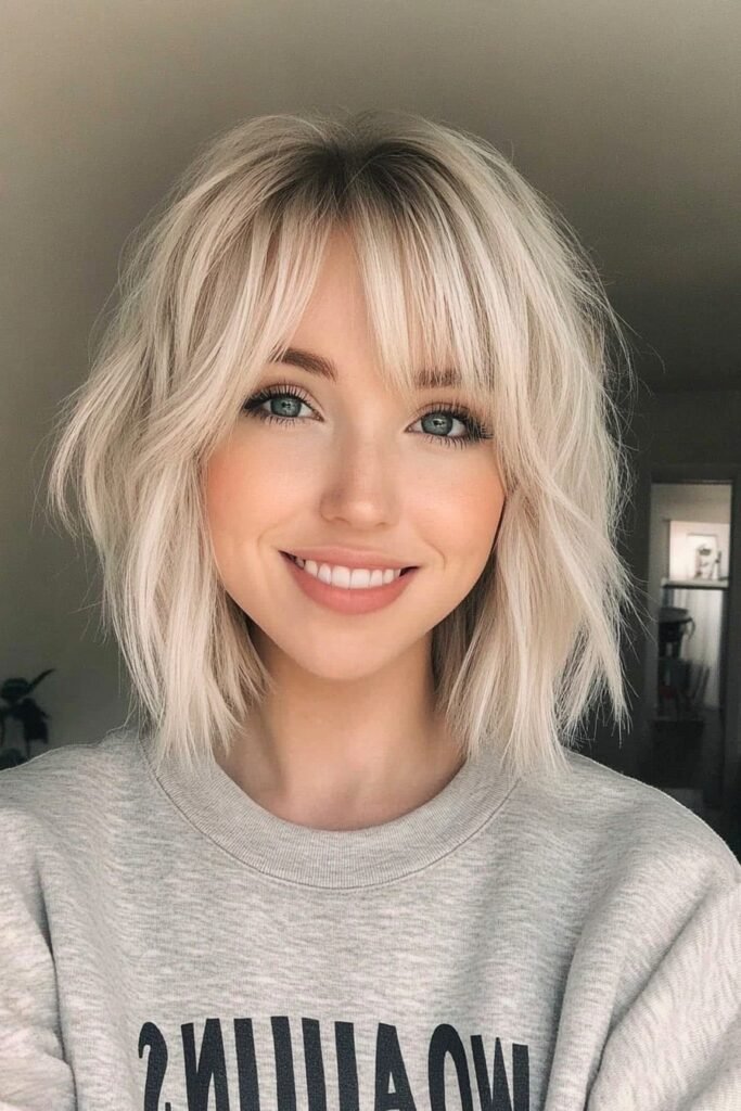 Platinum Blonde Textured Shaggy Bob with Curtain Bangs