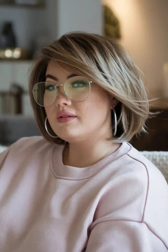 Rounded Bob with Side-Swept Bangs and Glasses