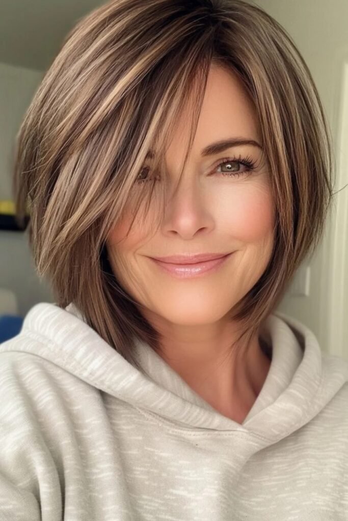 Rounded Bob with Side-Swept Bangs and Highlights