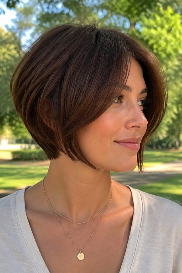 Rounded Brown Bob with Center-Parted Curtain Bangs
