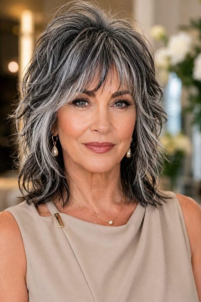 Salt and Pepper Layered Shag with Feathered Bangs